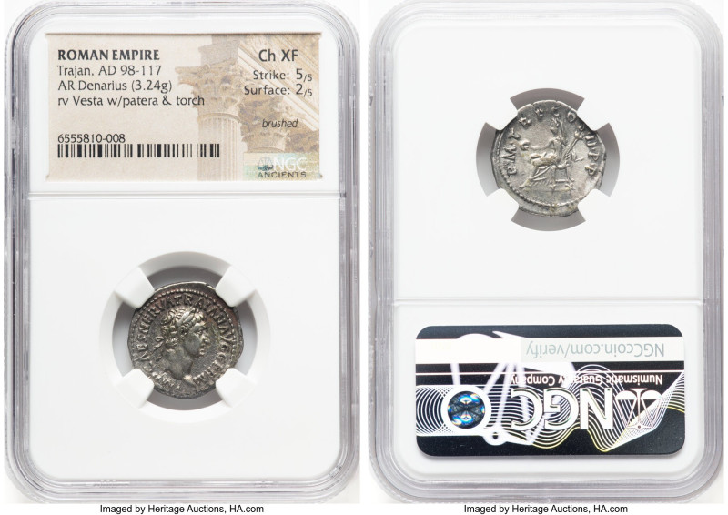 Trajan (AD 98-117). AR denarius (19mm, 3.24 gm, 6h). NGC Choice XF 5/5 - 2/5, br...