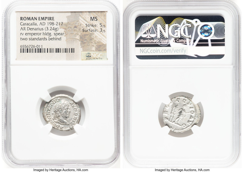 Caracalla, as Augustus (AD 198-217). AR denarius (19mm, 3.24 gm, 1h). NGC MS 5/5...