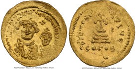 Heraclius, with Heraclius Constantine (AD 610-641). AV solidus (22mm, 4.40 gm, 7h). NGC MS 3/5 - 4/5, die shift, clipped. Constantinople, 5th officina...