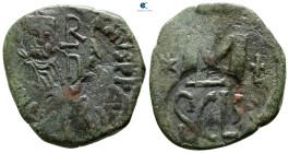 Heraclius AD 610-641. overstruck on a follis of Justinian I. Syracuse. Follis or 40 Nummi Æ