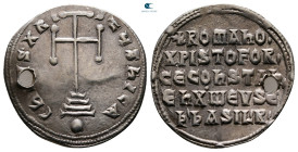 Constantine VII Porphyrogenitus, with Romanus I and Christopher AD 913-959. Constantinople. Miliaresion AR
