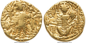 INDIA. Kushan Empire. Vasudeva II (ca. AD 267-300). AV dinar (20mm, 7.83 gm, 12h). Fine. Kushan standard, Mathura/Gandhara, main mint. ÞAONANOÞAO BA-Z...