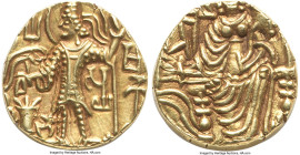 INDIA. Kushan Empire. Shaka (ca. AD 325-345). AV dinar (18mm, 7.73 gm, 11h). XF. Reduced Kushan standard, uncertain mint. Illegible Bactrian legend, S...