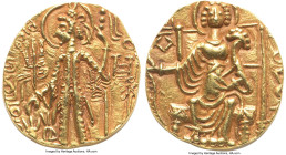 INDIA. Kushan Empire. Shaka (ca. AD 325-345). AV dinar (22mm, 7.43 gm, 12h). XF. Reduced Kushan standard, uncertain mint. Illegible Bactrian legend, S...