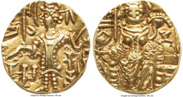 INDIA. Hunnic Tribes. Kidarites. Kirada (4th century AD). AV dinar (18mm, 7.82 gm, 19mm). XF. Gandhara, mint B. Kirada standing facing, nimbate head l...
