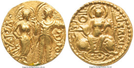 INDIA. Gupta Empire. Chandragupta I (ca. AD 319-335). AV dinar (20mm, 7.48 gm, 12h). VF. King and Queen type. Kumaradevi- (Brahmi) on left, Chandra/Gu...