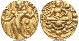 INDIA. Gupta Empire. Chandragupta II Vikramaditya (ca. AD 380-413). AV dinar (18mm, 7.70 gm, 12h). VF. Archer type. Deva Sri Maharajadhiraja Sri Chand...