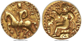 INDIA. Gupta Empire. Kumaragupta I Mahendraditya (ca. AD 409-450). AV dinar (19mm, 12h). ANACS VF 30. Horseman type. Guptakulamalachandro Mahendrakarm...