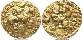 INDIA. Gupta Empire. Kumaragupta I Mahendraditya (ca. AD 409-450). AV dinar (19mm, 8.11 gm, 12h). Choice VF. Horseman type. Guptakulamalachandro Mahen...