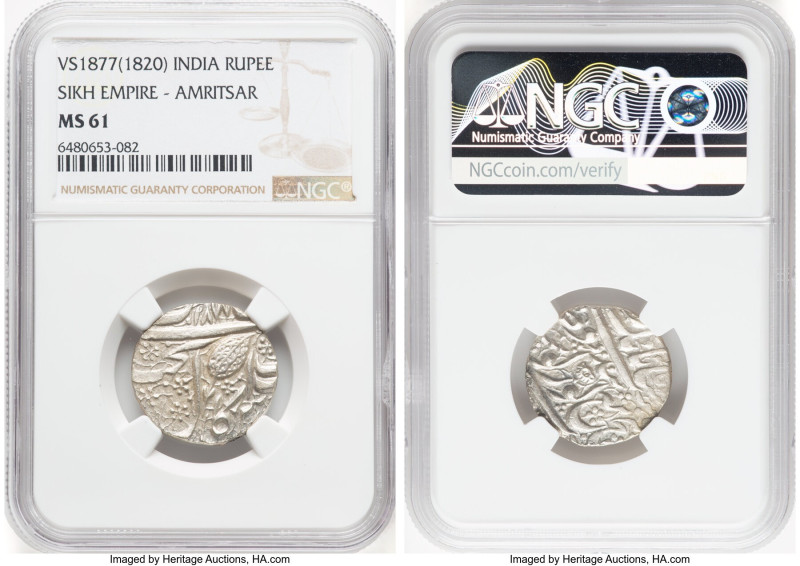 Sikh Empire. Ranjit Singh Rupee VS 1877 (1820) MS61 NGC, Amritsar mint, KM20.1. ...