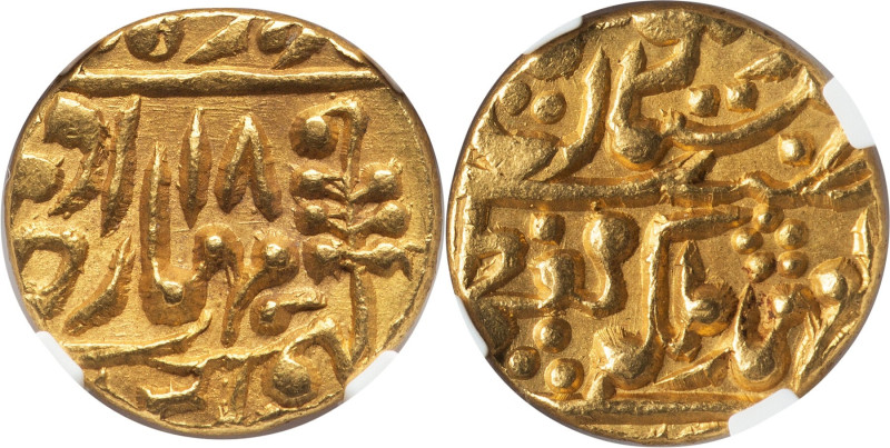 Jaipur. Bahadur Shah gold Mohur Year 18 (1854) MS64 NGC, KM102, Fr-1186. A satin...
