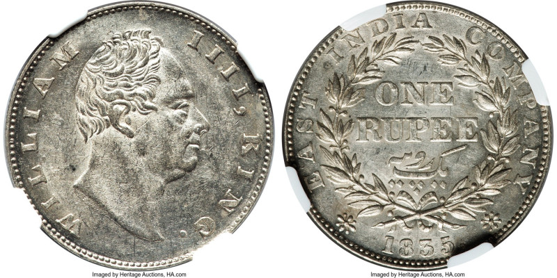 British India. William IV Mint Error - Rotated Dies Rupee 1835.-(c) MS61 NGC, Ca...