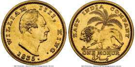 British India. William IV gold Proof Restrike Mohur 1835-(c) PR61 NGC, Calcutta mint, KM451.3, S&W-1.13, Prid-14. F incuse on bust. Obverse Die B, str...