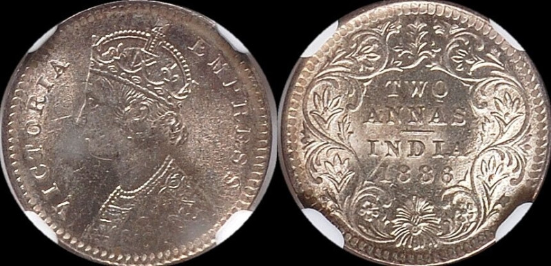British India. Victoria 2 Annas 1886-C MS64 NGC, Calcutta mint, KM488. HID098012...