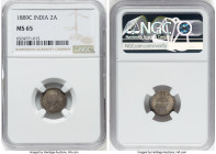 British India. Victoria 2 Annas 1889-C MS65 NGC, Calcutta mint, KM488. Tied for the highest grade at NGC, undergirded by luster and toned in autumnal ...