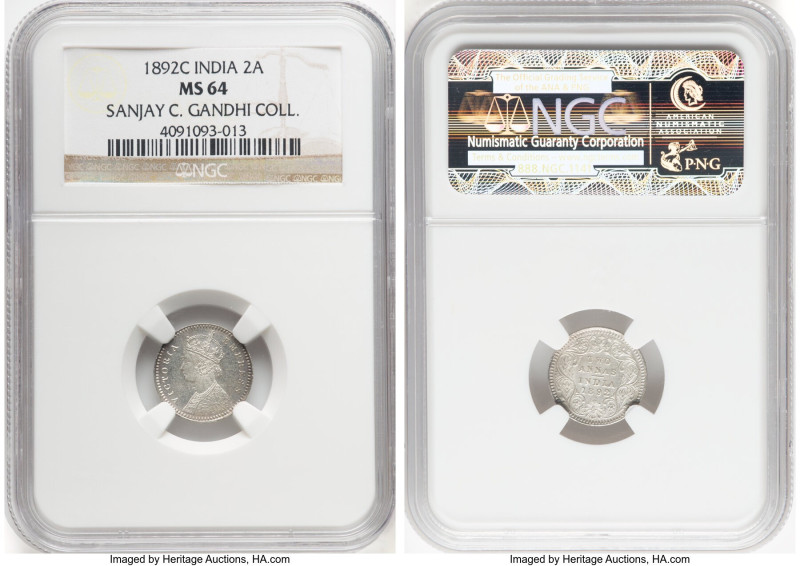 British India. Victoria 2 Annas 1892-C MS64 NGC, Calcutta mint, KM488. Ex. Sanja...