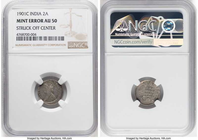 British India. Victoria Mint Error - Struck Off Center 2 Annas 1901-C AU50 NGC, ...