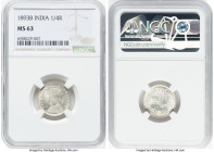 British India. Victoria 1/4 Rupee 1893-B MS63 NGC, Bombay mint, KM490. Appreciable at this grade, with only two specimens ranking higher at NGC. HID09...