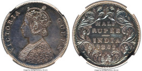 British India. Victoria Proof Restrike 1/2 Rupee 1862-(b) PR63 NGC, Bombay mint, KM472, S&W-4.124. Type B/III. 4.75 panels in jabot, slant top 1. Insp...