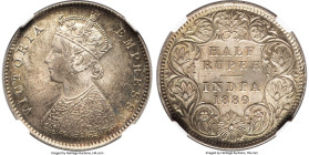 British India. Victoria 1/2 Rupee 1889-C MS63 NGC, Calcutta mint, KM491, S&W-6.202. Type A Bust, Type I Reverse. Ranked near the peak of the certified...