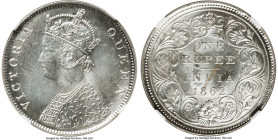 British India. Victoria Rupee 1862-(m) MS64 NGC, Madras mint, KM473.1, S&W-4.56. Type C/2, 0/0. The highest grade attainable at NGC for this less-enco...