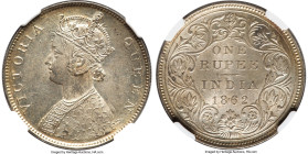British India. Victoria Rupee 1862-(b) MS63 NGC, Bombay mint, KM473.1, S&W-4.63A. Type B/2A, 2/0. The single-finest example at NGC for this lesser-enc...