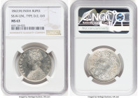 British India. Victoria Rupee 1862-(m) MS63 NGC, Madras mint, KM473.1, S&W-Unl. Type D/2, 0/0. A somewhat attainable die pairing from the Madras mint,...
