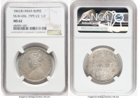 British India. Victoria Rupee 1862-(b) MS62 NGC, Bombay mint, KM473.1, S&W-Unl. Type I/2, 1/2. A seemingly unlisted die combination in Stevens & Weir,...