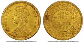 British India. Victoria gold Mohur 1862-(c) UNC Details (Cleaning) PCGS, Calcutta mint, KM480, S&W-4.1, Prid-1. A lovely type in UNC, despite the note...