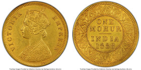 British India. Victoria gold Mohur 1888-(c) AU58 PCGS, Calcutta mint, KM496, S&W-6.15, Prid-22. Light friction defines the grade designation, but the ...