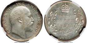 British India. Edward VII 1/2 Rupee 1907-(c) MS62 NGC, Calcutta mint, KM507, S&W-7.62. A scarcer grade for this type, still displaying die polish line...