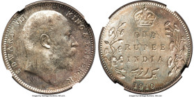 British India. Edward VII Rupee 1910-B MS63 NGC, Bombay mint, KM508, S&W-7.72. Ranked at the third-highest grade on the NGC census, difficult to sourc...