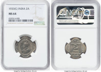 British India. George V 2 Annas 1933-(c) MS64 NGC, Calcutta mint, KM516. Tied at the penultimate grade on the NGC census, just one specimen ranked hig...