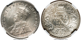 British India. George V Rupee 1915-(b) MS64 NGC, Bombay mint, KM524. At the penultimate grade on the NGC census with only three specimens ranked finer...