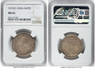 British India. George V Rupee 1919-(c) MS65 NGC, Calcutta mint, KM524. Tied at the penultimate grade at NGC, just two specimens ranked higher out of 7...