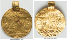 Sikh gold Temple Token ND (20th c.) VF, With loop attached. 28mm. 5.3gm. Obv. Guru Nanak flanked by companions Rev. 6 lines of text. Rare in gold, dis...