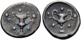 CALABRIA. Tarentum. Circa 280-228 BC. Obol (Silver, 10 mm, 0.60 g, 5 h). Kantharos; around, five pellets. Rev. Kantharos; around, five pellets. HN III...