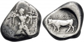LUCANIA. Poseidonia. Circa 470-445 BC. Stater (Silver, 18 mm, 7.88 g, 3 h). Poseidon advancing right, wielding trident. Rev. ΠOME ( retrograde ) Bull ...