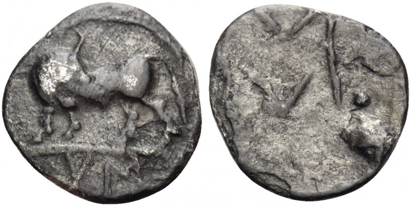 LUCANIA. Sybaris. Circa 550-510 BC. Obol (Silver, 10 mm, 0.39 g, 1 h). YM Bull s...
