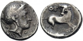 LUCANIA. Thourioi. Circa 443-400 BC. Diobol (Silver, 10 mm, 0.87 g, 9 h). Δ-O Head of Athena to right wearing Attic helmet, decorated with olive wreat...
