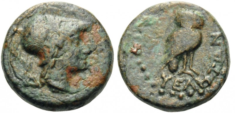 LUCANIA. Velia. 2nd-1st century BC. (Bronze, 11 mm, 1.61 g, 12 h). Helmeted head...