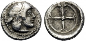 SICILY. Syracuse. Deinomenid Tyranny, 485-466 BC. Obol (Silver, 9 mm, 0.58 g). Head of Arethusa to right. Rev. Wheel of four spokes. HGC 2, 1371. SNG ...