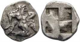 ISLANDS OFF THRACE, Thasos. 500-480 BC. Trihemiobol or 1/8 Stater (Silver, 11.5 mm, 1.16 g). Satyr running to right. Rev. Quadripartite incuse square....