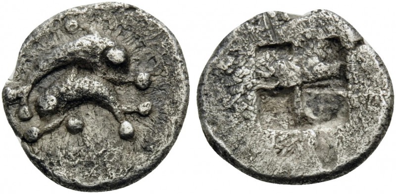 ISLANDS OFF THRACE, Thasos. Circa 435-411 BC. Obol (Silver, 9 mm, 0.55 g). Two d...