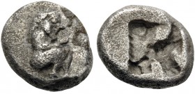 THRACO-MACEDONIAN REGION. Siris. Circa 525-480 BC. Trihemiobol or 1/8 Stater (Gold, 10 mm, 1.07 g). Satyr without tail crouching to right. Rev. Quadri...