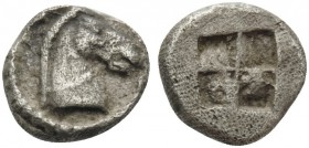 THRACO-MACEDONIAN REGION. Uncertain. Circa 480-450. Tetartemorion (Silver, 5.5 mm, 0.24 g), occasionally attributed to Alexander I of Macedon. Head of...