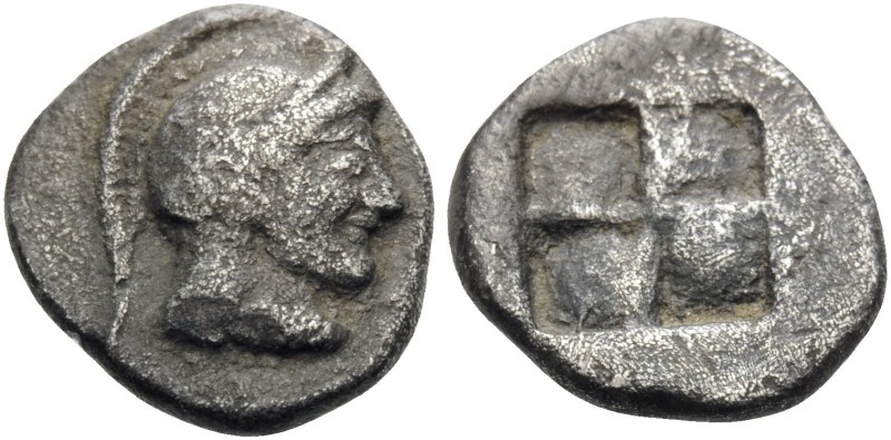 MACEDON. Akanthos. Circa 500-470 BC. Diobol (Silver, 11 mm, 1.21 g). Helmeted he...