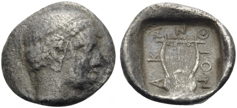 MACEDON. Akanthos. Circa 390-382 BC. Obol (Silver, 9 mm, 0.42 g, 12 h). Head of ...