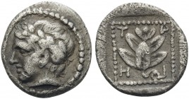 MACEDON, Chalkidian League. Circa 432-348 BC. Trihemiobol (Silver, 10 mm, 0.52 g, 1 h), of reduced standard, Olynthos, c. 420-390. Laureate head of Ap...