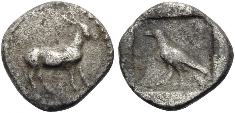 MACEDON. Mende. 423-400 BC. Obol (Silver, 9 mm, 0.53 g, 3 h). Ass walking slowly...